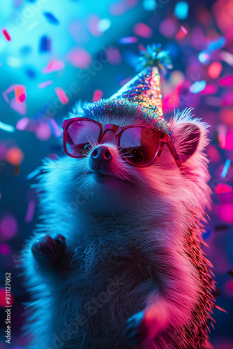 A birthday party hedgehog with a hat and confetti