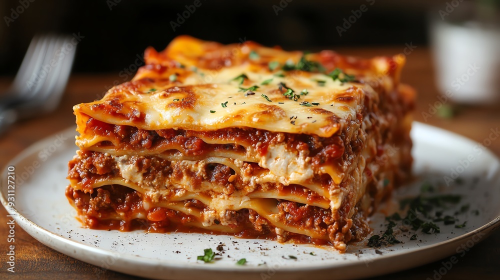 A hearty lasagna with layers of pasta, rich tomato sauce, and melted cheese, baked to perfection, Comfort lasagna, layered comfort A hearty lasagna with layers of pasta, rich tomato sauce, and melted cheese, baked to perfection, Comfort lasagna, layered comfort