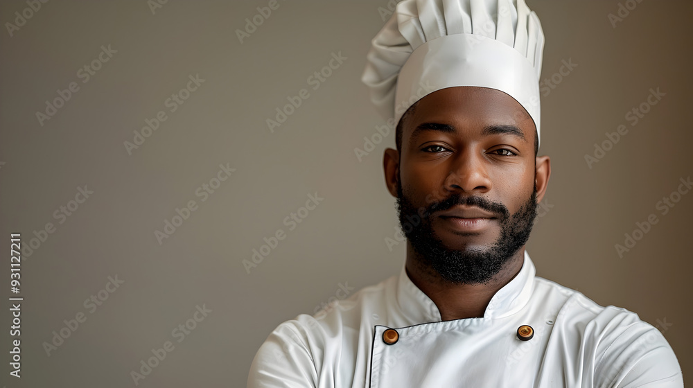 Distinctive and Talented Chef Posing in Professional Culinary Attire on Plain Background Distinctive and Talented Chef Posing in Professional Culinary Attire on Plain Background