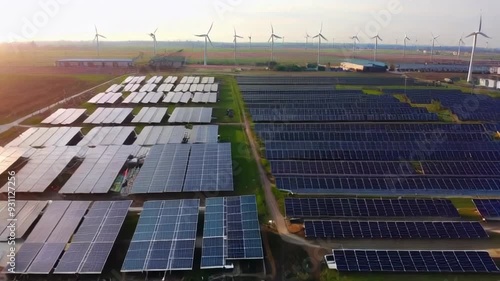 Aerial view of a solar farm with wind turbines, showcasing renewable energy production and sustainable technology.