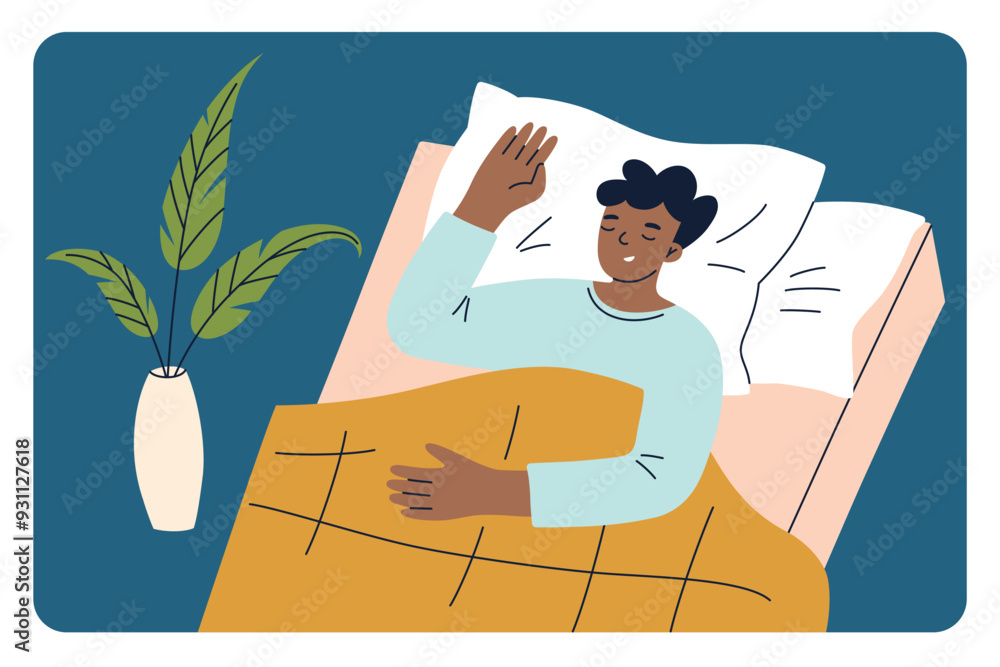 Fototapeta premium Vector illustration of a man peacefully sleeping in bed, covered with a blanket. Cozy scene with comfortable bedding. Sleep hygiene and bedtime habits. Ideal for themes of relaxation, and wellness