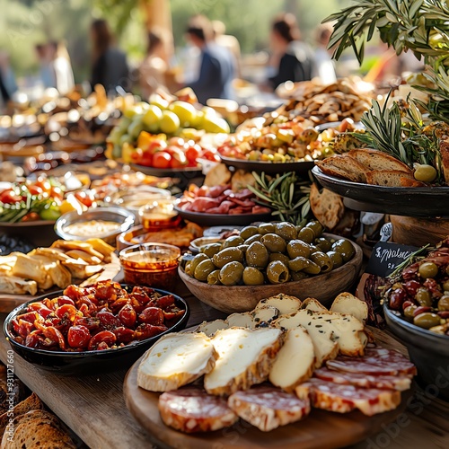 A Mediterranean food festival with tables filled with olives, cheeses, breads, and seafood, under sunny skies, Mediterranean food festival, sunsoaked celebration photo