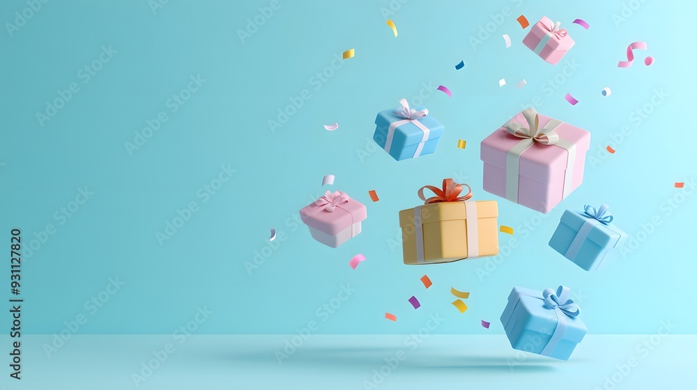 Fototapeta premium Colorful gift boxes with ribbons and confetti floating against a light blue background, ideal for celebrations and festive occasions.