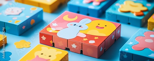 A playful packaging design for a kids snack box, featuring bright colors, cartoon characters, and interactive elements like puzzles or games, Kids snack packaging, fun and engaging photo