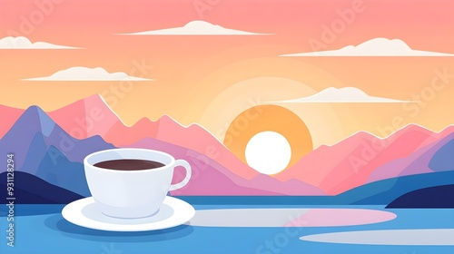 Coffee Sunrise Mountain Landscape Illustration