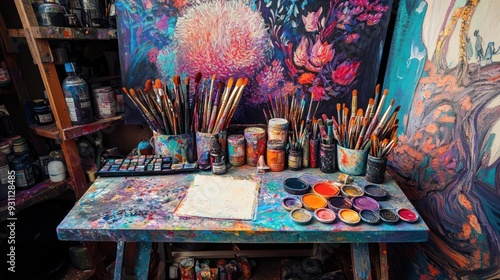 Artistic Workspace with Paintbrushes, Paints, and Canvases