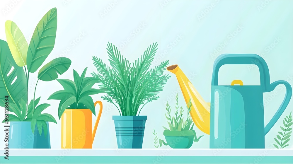 Colorful Plants & Watering Can Illustration Colorful Plants & Watering Can Illustration