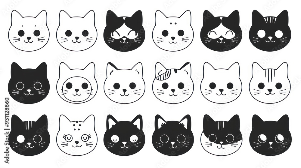 Set of 18 cute cartoon cat faces in black and white. Set of 18 cute cartoon cat faces in black and white.