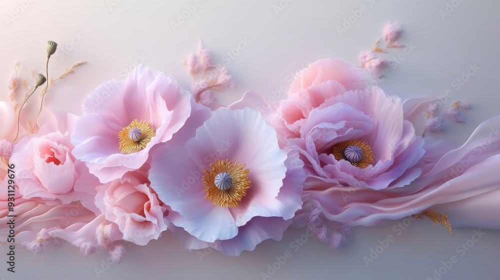 Stylized illustration of violet and gold poppies in bold lines. Stylized illustration of violet and gold poppies in bold lines.