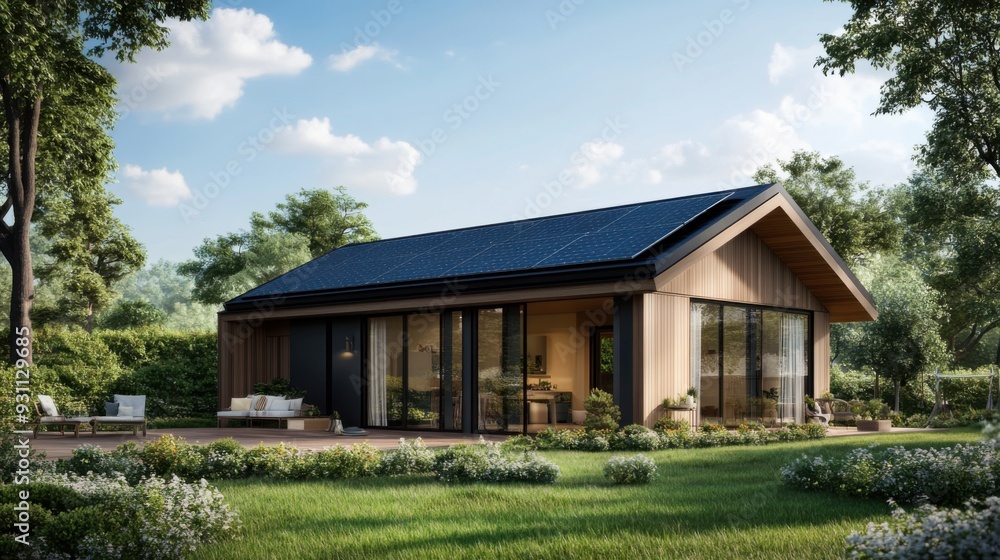 Modern eco-friendly home with solar panels in a lush green landscape. Modern eco-friendly home with solar panels in a lush green landscape.