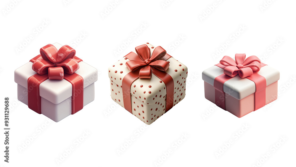 Obraz premium 3 3D gift icons in a red and white colour scheme, white background