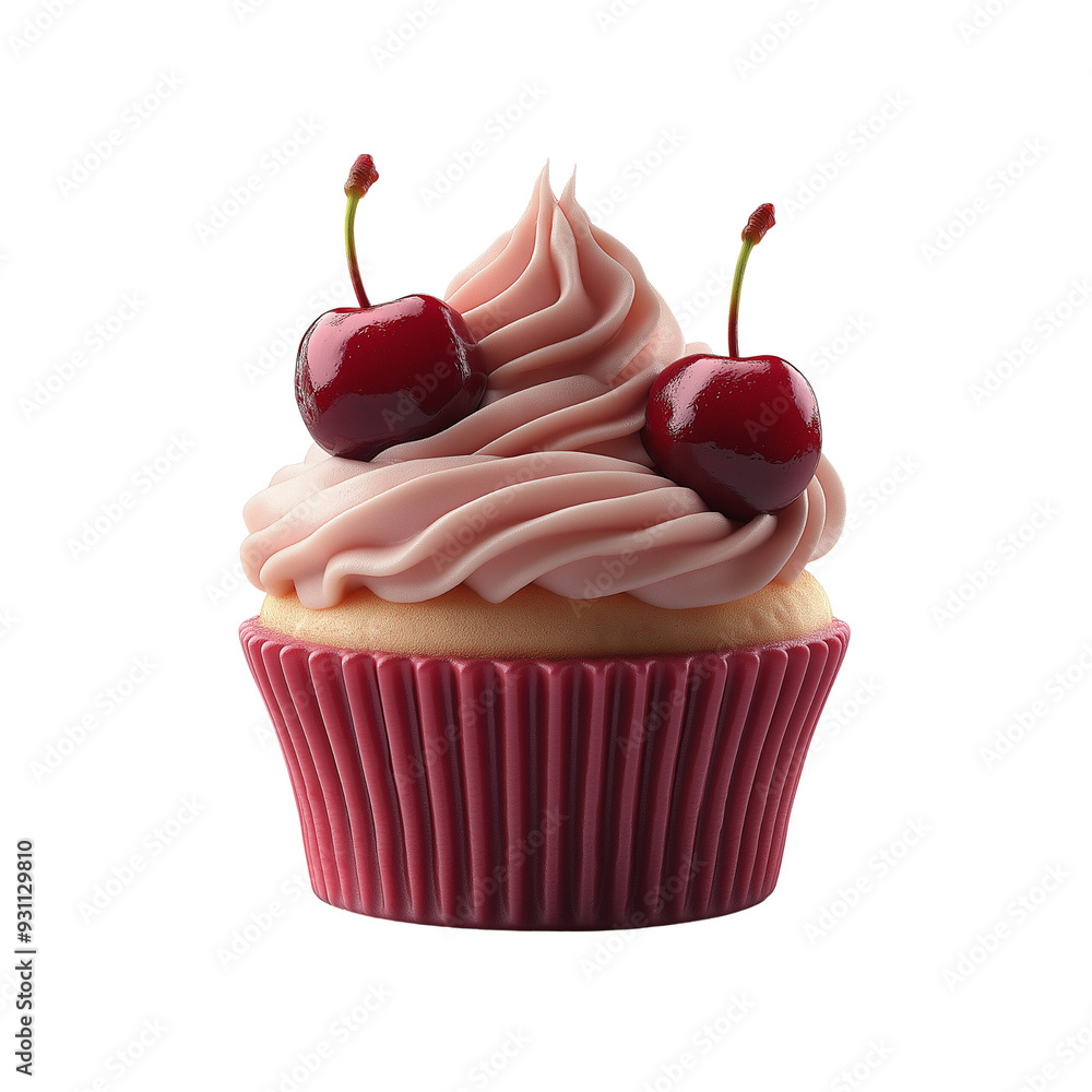 A cupcake with cherry cream and two red cherries on top A cupcake with cherry cream and two red cherries on top