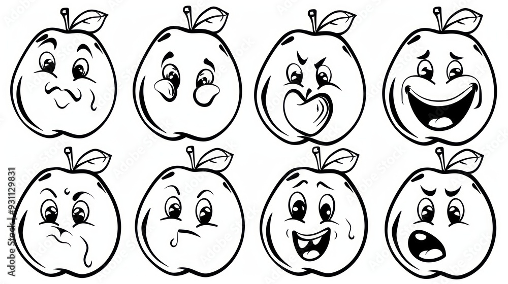 Eight apples with different cartoon facial expressions. Eight apples with different cartoon facial expressions.
