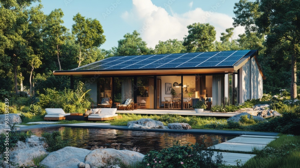 Modern sustainable house with solar panels surrounded by lush forest and pond. Modern sustainable house with solar panels surrounded by lush forest and pond.