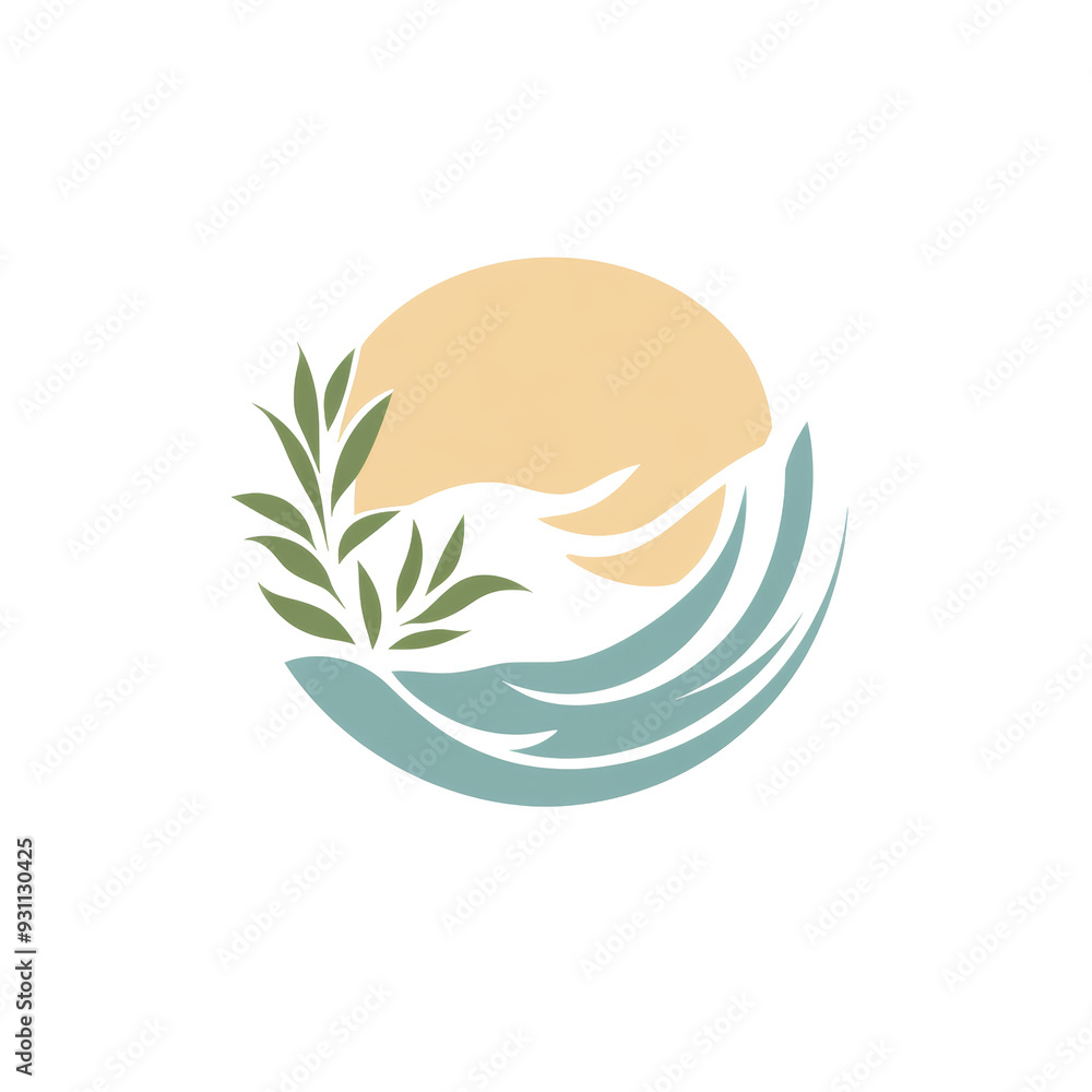 A minimalist design featuring a hand, waves, and a sun with foliage. A minimalist design featuring a hand, waves, and a sun with foliage.