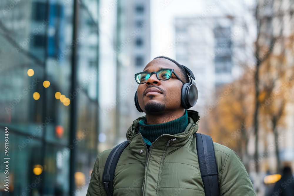 Young man walking in an urban environment, wearing headphones and looking up, immersed in music and enjoying the city atmosphere Young man walking in an urban environment, wearing headphones and looking up, immersed in music and enjoying the city atmosphere