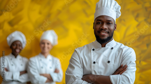 Diverse Team of Professional Chefs in Uniform Standing in a Culinary Setting with Mustard Yellow Background
