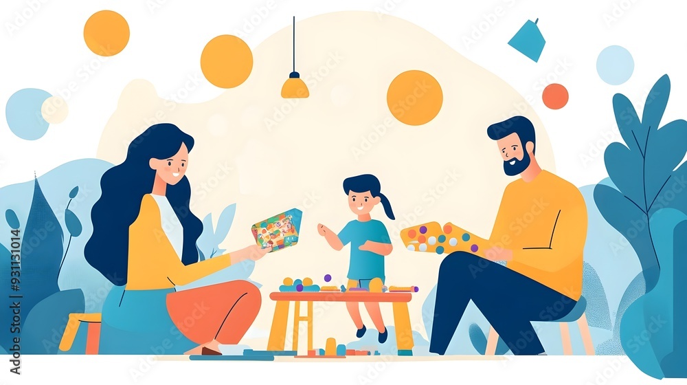 Happy Family Playing Together at Home - Illustrated Happy Family Playing Together at Home - Illustrated