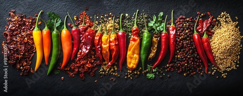 A selection of vibrant Asian chili peppers, including bird s eye chili, Thai chili, and dried red chilies, arranged on a dark background, Asian chili peppers, spicy and intense photo