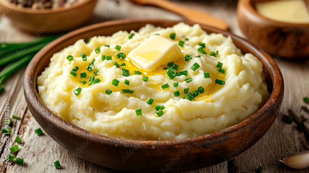 A serving of buttery garlic mashed potatoes, garnished with chives and a pat of melting butter, Comfort mashed potatoes, creamy and rich A serving of buttery garlic mashed potatoes, garnished with chives and a pat of melting butter, Comfort mashed potatoes, creamy and rich