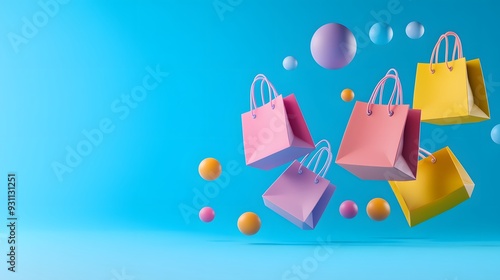 Colorful shopping bags with floating spheres on a blue background, representing fun and vibrant shopping experiences.