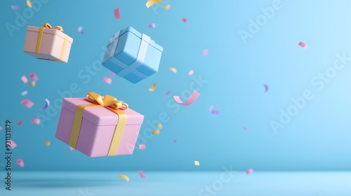 Floating colorful gift boxes with ribbons and scattered confetti on a light blue background. Celebration and festive concept.
