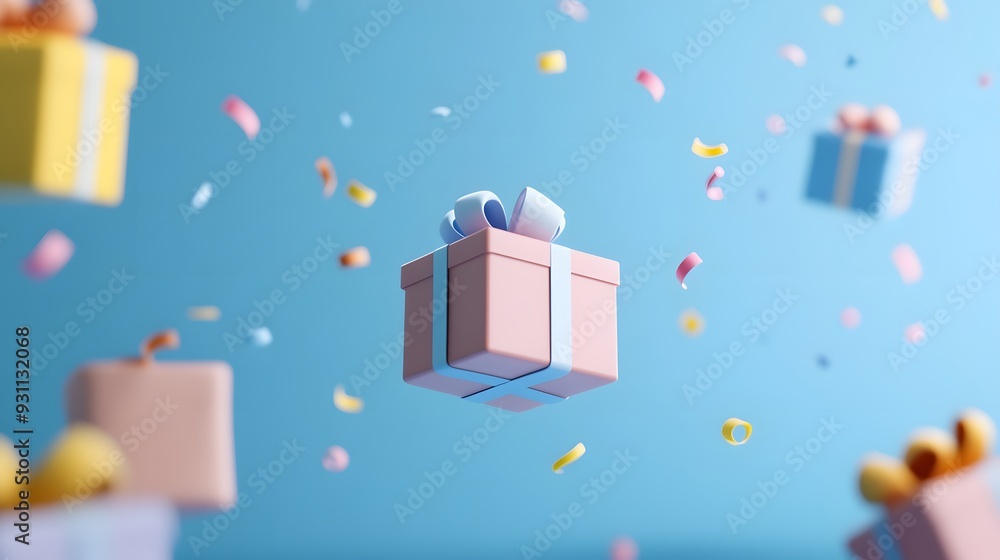 Floating gift boxes surrounded by colorful confetti against a blue background, creating a festive and joyful celebration atmosphere. Floating gift boxes surrounded by colorful confetti against a blue background, creating a festive and joyful celebration atmosphere.