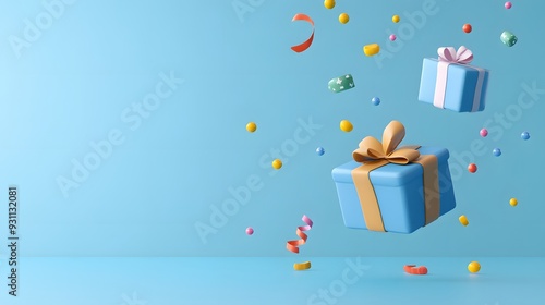 Floating gift boxes with colorful ribbons and confetti on a blue background, perfect for celebrations, holidays, and festive events.