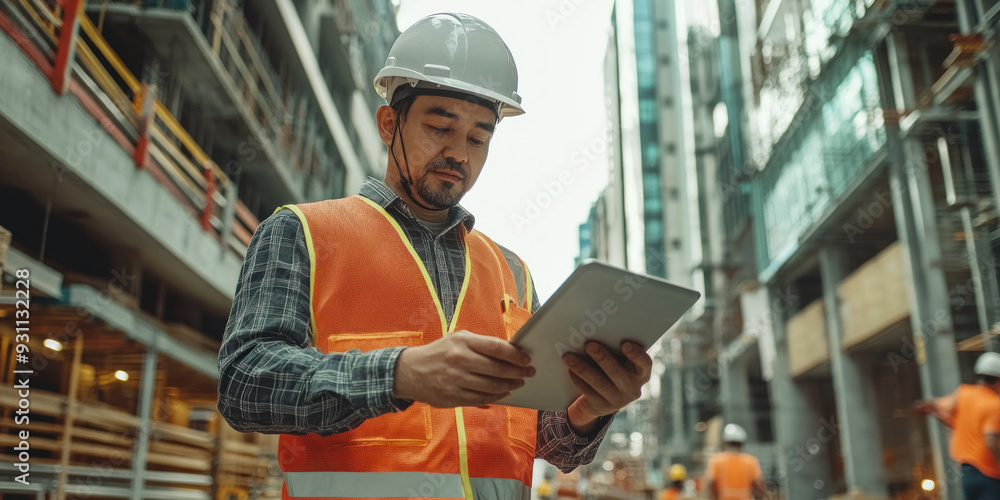 Engineer wearing a hard hat and safety vest, using a tablet at a construction site, symbolizing modern technology and efficiency in the building industry