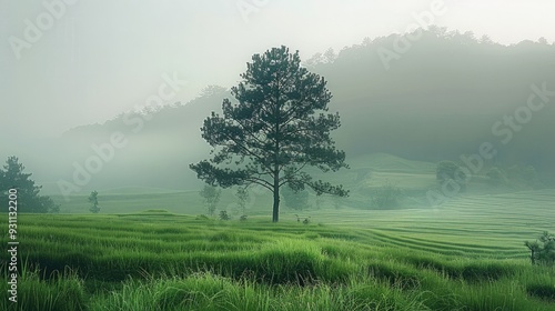 Minimal nature, nature landscape, simple, serene, greenery. Generative AI.