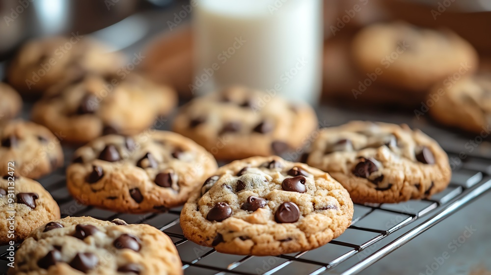 A tray of freshly baked chocolate chip cookies, cooling on a rack, with a glass of milk on the side, Homebaked cookies, warm and sweet A tray of freshly baked chocolate chip cookies, cooling on a rack, with a glass of milk on the side, Homebaked cookies, warm and sweet