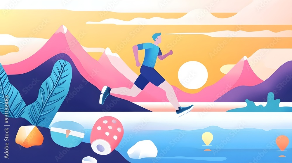 Man Running Towards Colorful Sunset Mountains Man Running Towards Colorful Sunset Mountains