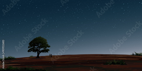 Night at minimalist hill landscape and big tree with silhouetted couple of lover have night sky with a lot of stars background graphic illustration.