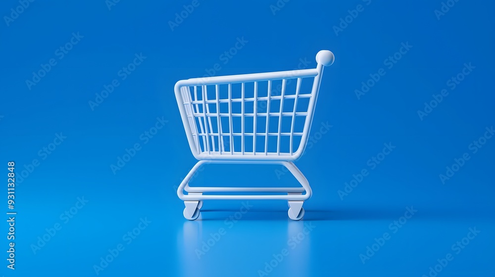 Minimalist white shopping cart on blue background, symbolizing retail, shopping, and consumerism concepts in a modern, clean design. Minimalist white shopping cart on blue background, symbolizing retail, shopping, and consumerism concepts in a modern, clean design.
