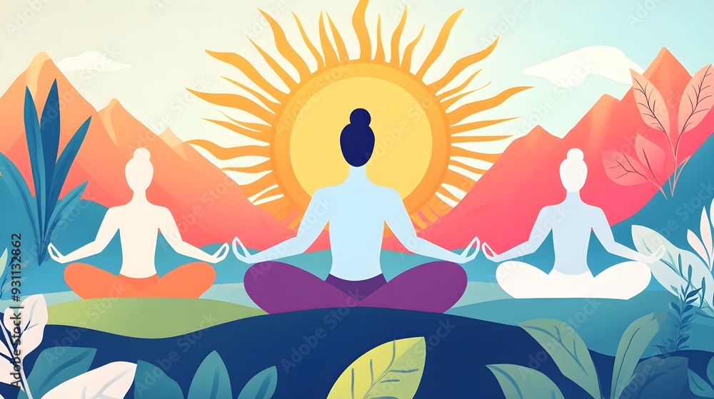 Meditation, Yoga, Harmony, Sun, Mountain, Illustration Meditation, Yoga, Harmony, Sun, Mountain, Illustration