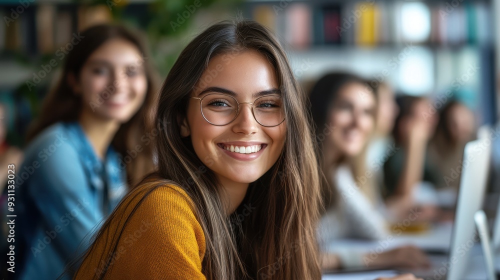 Young woman smiling confidently in library with group of friends studying. Young woman smiling confidently in library with group of friends studying.