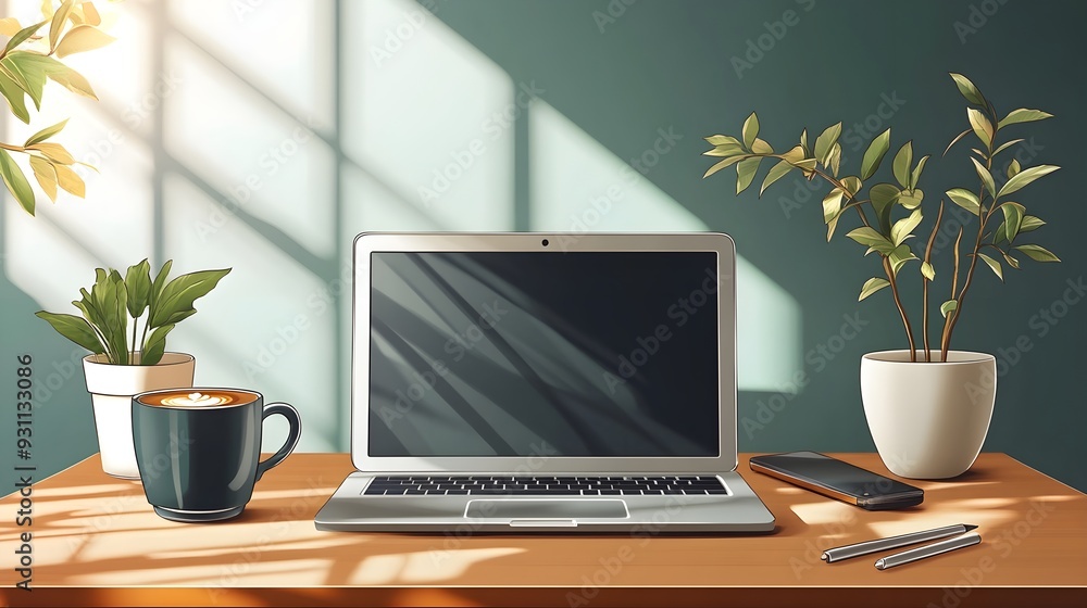 Minimalist Desk Setup with Laptop, Coffee, and Plants Minimalist Desk Setup with Laptop, Coffee, and Plants