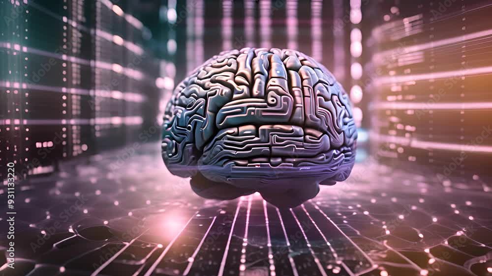 Glowing brain with neon line, artificial, artificial intelligence technology, 3d motion graphic Glowing brain with neon line, artificial, artificial intelligence technology, 3d motion graphic