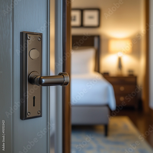 Wallpaper Mural Close-Up of a Swing Bar Lock on a Guest Room Door for Increased Privacy Torontodigital.ca