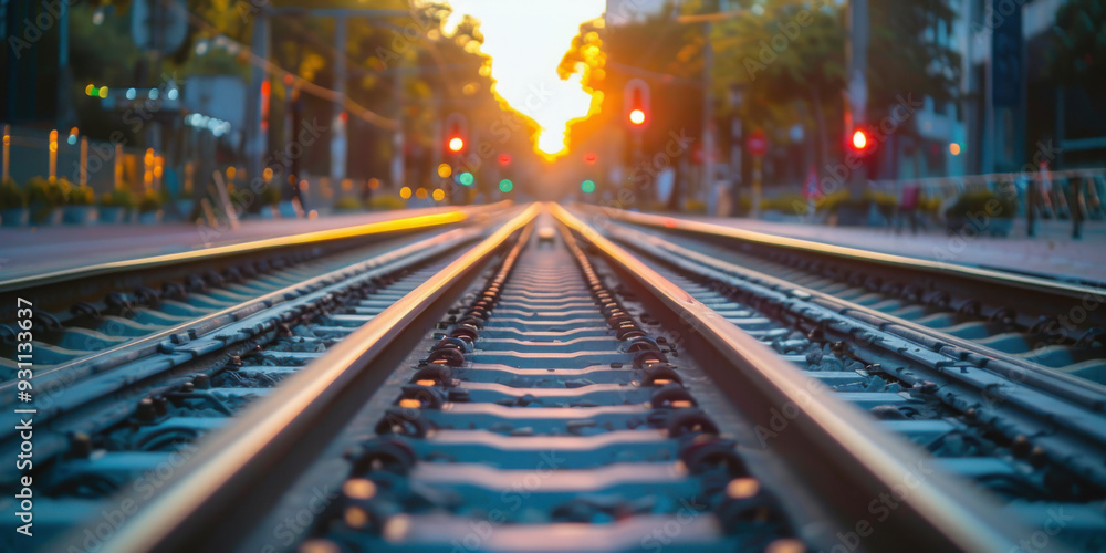 A close-up view of railway tracks leading into the sunset, with red traffic lights glowing in the distance. A close-up view of railway tracks leading into the sunset, with red traffic lights glowing in the distance.