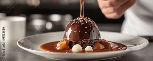 A whimsical dessert presentation with a chocolate dome melting under hot caramel sauce, revealing hidden delights inside, Melting chocolate dome, interactive dessert art photo