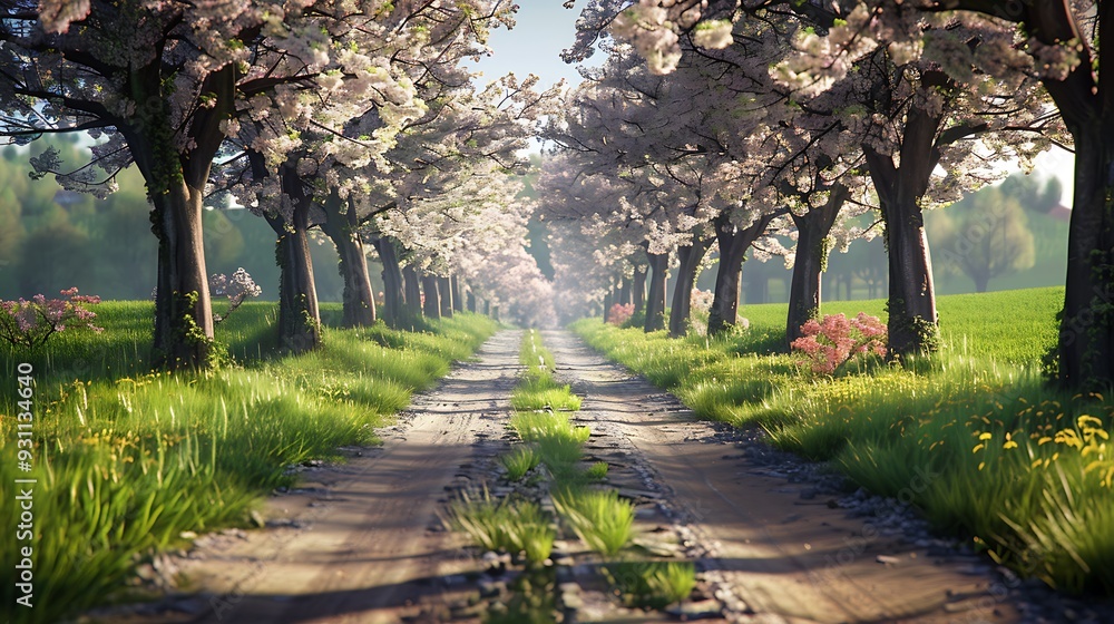 A picturesque spring view of a country lane lined with blossoming trees and fresh green grass. A picturesque spring view of a country lane lined with blossoming trees and fresh green grass.