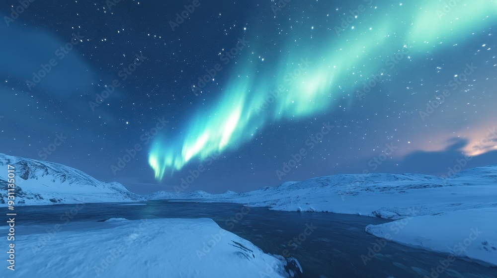 Naklejka premium A breathtaking view of the northern lights illuminating a snowy landscape at night.