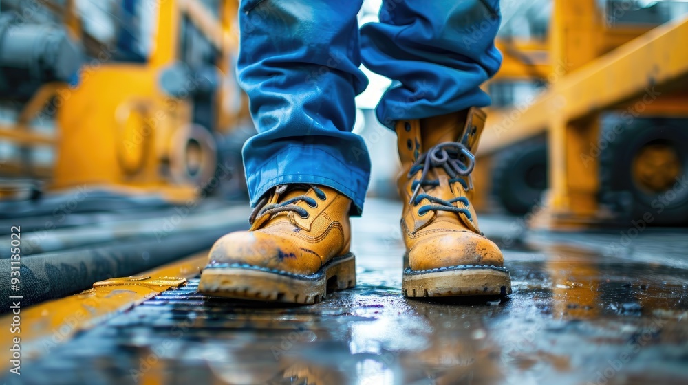 Low angle view of factory worker in safety boots and blue pants Low angle view of factory worker in safety boots and blue pants
