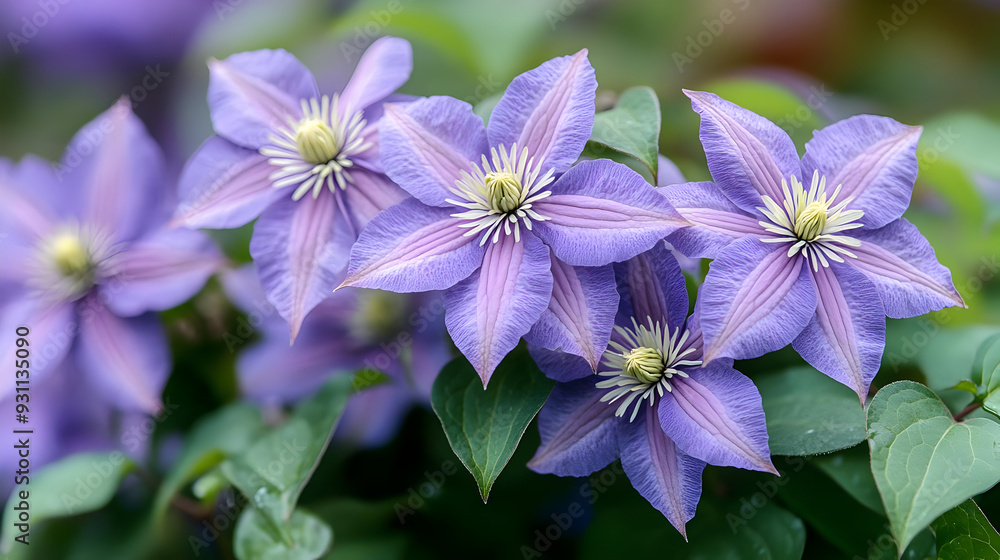 A cluster of vibrant purple clematis flowers in bloom. A cluster of vibrant purple clematis flowers in bloom.