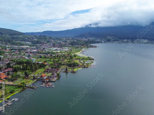 Aerial view of Beratan Lake with view of Pura Ulun Danu Beratan, a famous temple in Bedugul, Bali, Indonesia photo