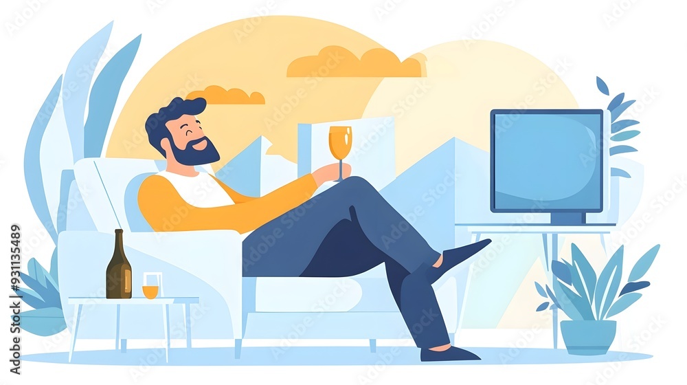 Fototapeta premium Relaxed Man Watching TV with Wine and Beer at Home