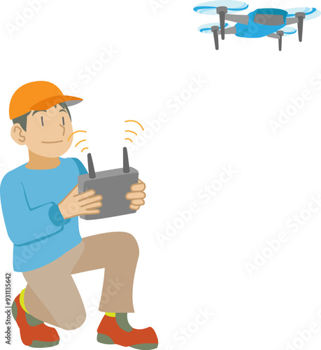 ドローン操縦に熱中する少年のイラスト