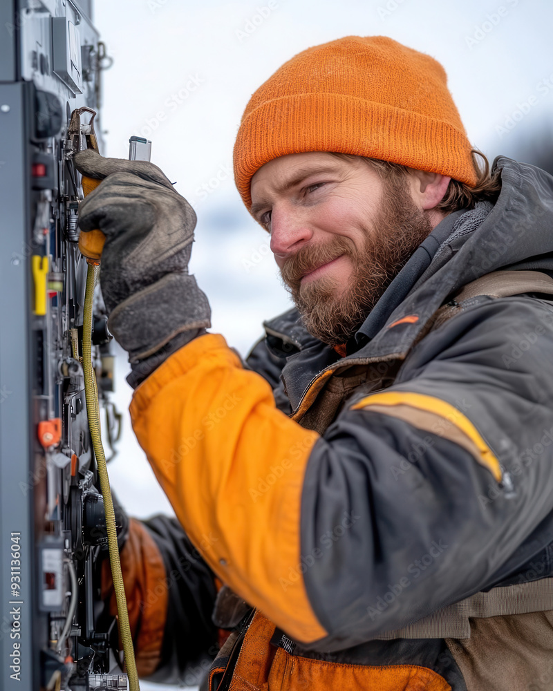 A rugged technician, outdoors in a remote location, fixing a large portable heater under challenging weather conditions A rugged technician, outdoors in a remote location, fixing a large portable heater under challenging weather conditions