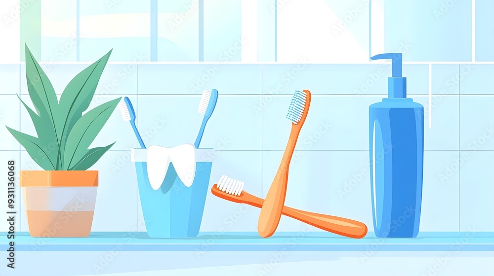 Bathroom Essentials: Toothbrushes, Soap, and Plant Bathroom Essentials: Toothbrushes, Soap, and Plant